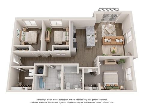 Floor plan for 3 beds, 2 baths, 1202 sqft